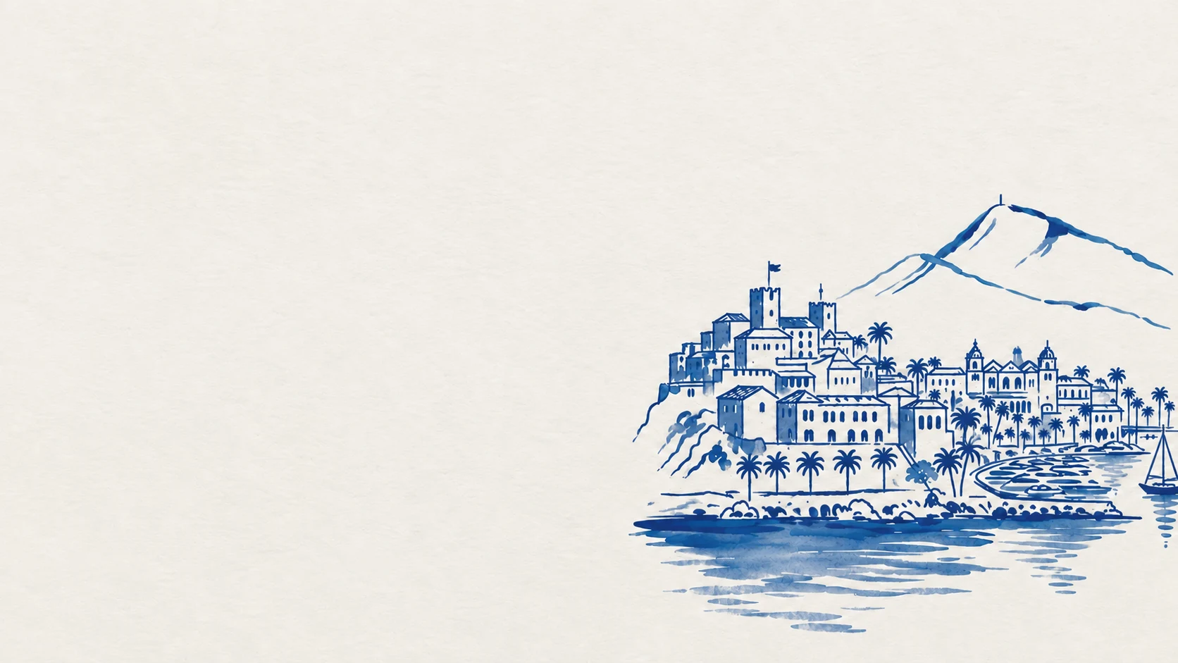 Phelp Club, ilustração azul de uma cidade à beira-mar